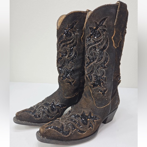 Corral Boots Brown Black Sequin Inlay Boots Style R1152 Size 8M Womens